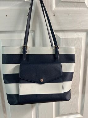 Navy and White Striped Tote Bag with Front Pocket